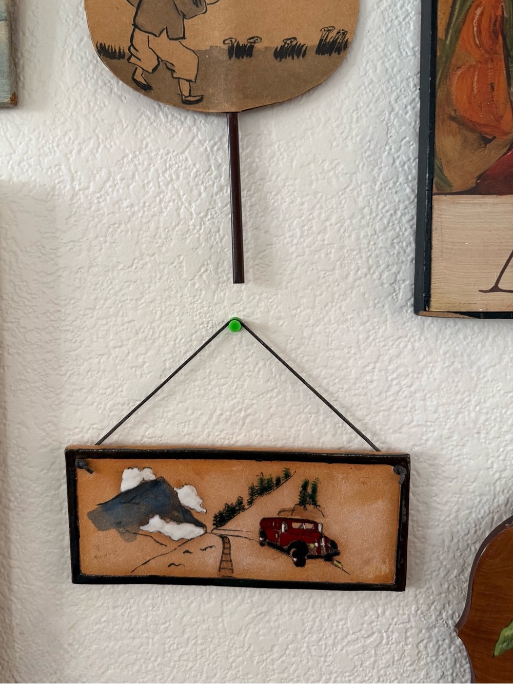 Eloise Studio Billings Montana Brown Ceramic Art Wall Tile with Red Car Motif